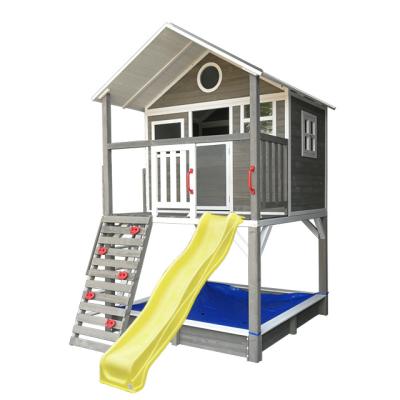 China Waterproof Prefab Cheap Outdoor Kindergarten Easily Assembled Wooden Kids Playhouse With Plastic Slide for sale