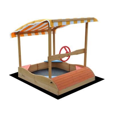 China Easily Assembled Wooden Garden Kids Sandbox with Canopy Bench and Steering Wheel for sale