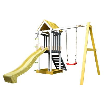 China Playful Kids Playground Wooden Backyard Game Swing Set With Plastic Slide for sale