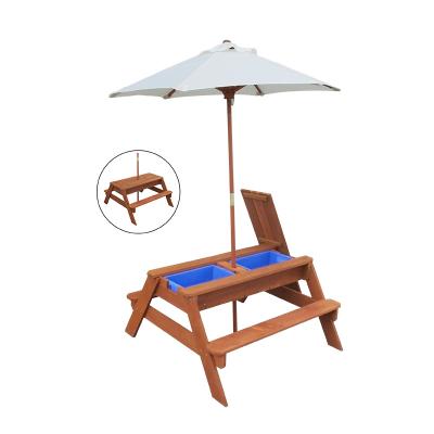 China Solid Wood Wooden Kids Picnic Table And Umbrella With Play Tubs for sale