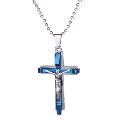 China Stainless Steel Cross Jewelry FASHIONABLE Multilayer Jesus Men's Necklace Black Blue With Round Pearl Chain for sale