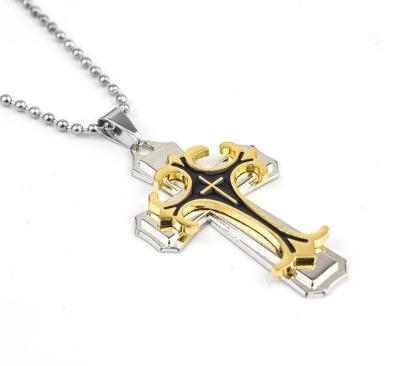 China FASHIONABLE Cross Stainless Steel Men's Three Tier Titanium Pendant Necklace for sale