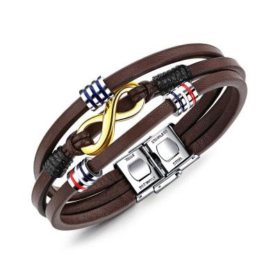 China CLASSIC Vintage Brown Titanium Steel Leather Bracelet Mens Infinity Figure 8 Leather Bracelet for sale