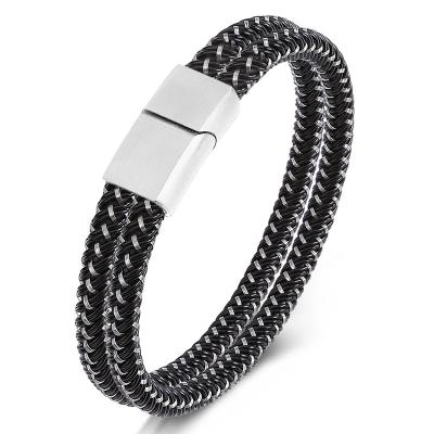 China 2021 CLASSIC Men's Classic Woven Stainless Steel Double Loop Leather Bracelet for sale