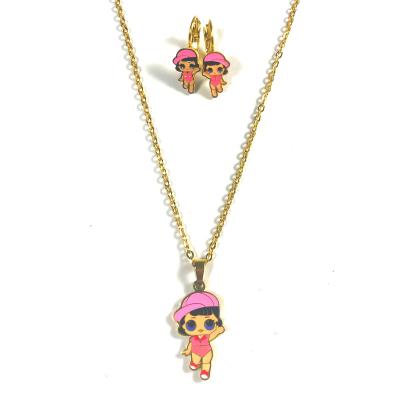 China Big Eyed Cartoon Doll Princess Series Stainless Steel Earrings Fashionable Necklace Children's Luxury Jewelry for sale