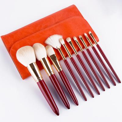 China Angular Blush 10pcs Portable Red Wood Handle Makeup Brush Set With Bag Eyeshadow Lip Brush for sale