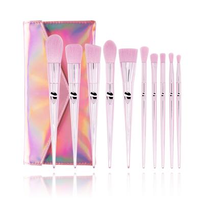 China Angular Blush Portable Aluminum Handle 10 Pcs Makeup Brush Set With Pink Laser Bag for sale