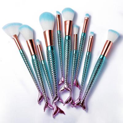 China Angular Blush Professional Wholesale Price Metal 10 Pcs Fancy Mermaid Fish Shape Makeup Brush Set for sale