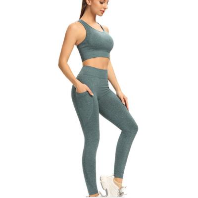 China Breathable Hot Sale Quick Dry Grey Yoga Pants With Pocket Custom Running Sexy Sport Bra Suit High Waist Women Fitness Gym Wear Clothing Set for sale