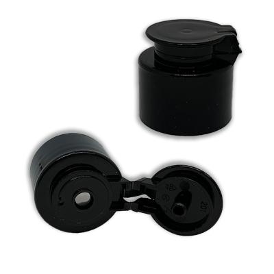 China 18 20 24 28 Plastic Black Colored Transparent Flip Top Caps Non Refillable High Quality PP For Cosmetic for sale