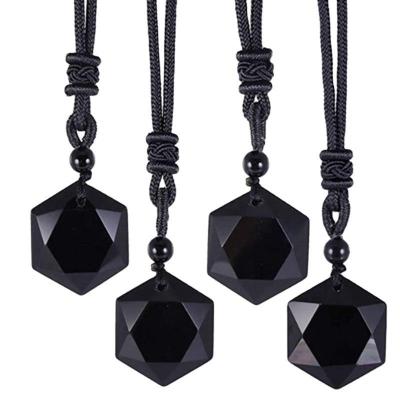 China Wholesale Crystal Obsidian Mind Swing Energy Obsidian Hexagram Necklace Men and Women Sweater Chain Accessories for sale