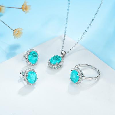 China Fashion Party CLASSIC Paraiba Tourmaline Gemstones Rings For Women Solid 925 Sterling Silver Diamonds Handmade Jewelry Set For Women for sale