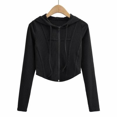 China New Design Anti-Wrinkle Solid Hooded Crop Sweater Women Knitting Cardigan Zip Up Sweater for sale