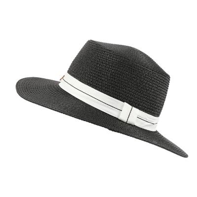 China Wide Brim Straw Boater Hat Men Summer Solid Color PU Ribbon Sun Visor Hats Striped Outdoor Breathable Women Fedora Dome Flat Top Hats for sale