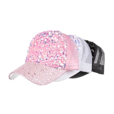 China COMMON 3 Color Shiny Sequins Mesh Hat Distressed Hat Bling Logo Sequins Unisex Colorful Custom Baseball Cap for sale