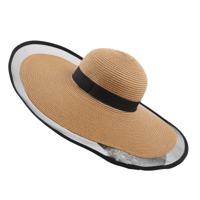 China Cheap Striped Wide Brim Sun Hat Ladies Beach Straw Mesh Cap Fedora Summer Foldable Paper Straw Hat for sale