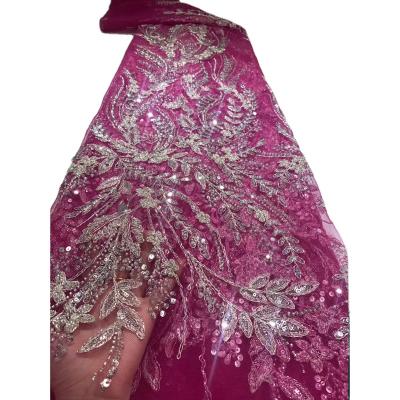 China 2021 Viable Latest African Nigeria Beaded Sequins Tulle Lace Fabrics For Party Luxury Embroidered French Fuchsia Lace Fabric for sale