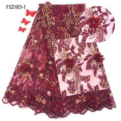 China Viable 3D Flower Lace Fabrics Wine Color Bridal Sequins Lace Fabric Sequin Tulle Lace For Wedding Party for sale