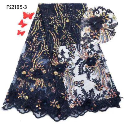 China Sustainable Handmade 3D Tulle Lace Navy Blue Dresses Sequins Tulle Lace Up Fabric For Women Party for sale