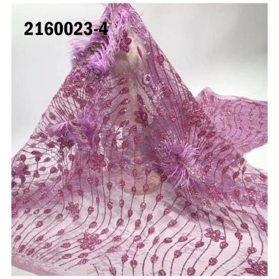 China 3d knitted bridal feather lace fabric bridal dress lace wedding good price OEM viable pink sequins embroidery new for sale