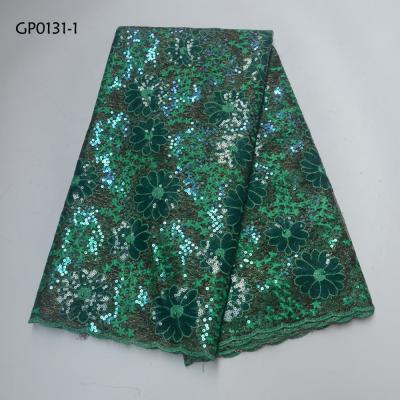 China Viable new arrival flower sequined lace fabrics for party lady organza lace fabric dark green embroidery for sale