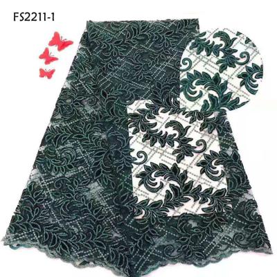 China Viable Green Color Velvet Lace Fabrics With Sequins Embroidery Tulle Lace Fabric African 2019 for sale