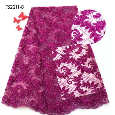 China Handcut Lace Fabric Viable Sequins Dress Mesh Lace Embroidery Velvet Magenta Color Lace Fabrics for sale