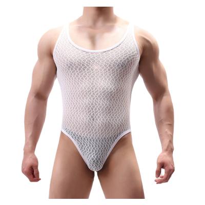 China 94% Polyester One Piece Bodysuit Man Union Suit Mens Super Mesh One Piece Jumpsuit Bodysuit Lace Up Transparent for sale