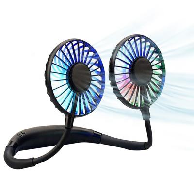 China Outdoor Personal Hanging Neck Fan Earphone Design Rechargeable Sports Fan Mini USB Neck LED Heads Rotating Neck Band Fan for sale