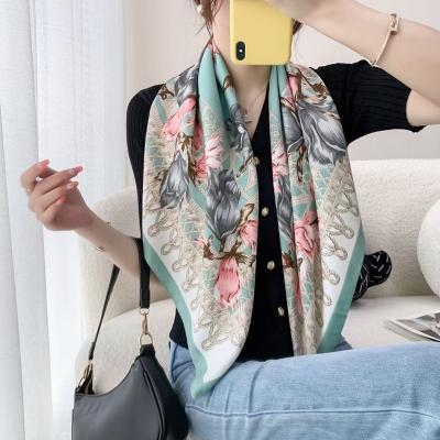 China Checked Silk Twill Like Scarf Neck Scarves Women Satin Large Square Hair Scarf 90x90cm for sale