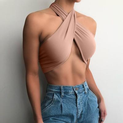 China 2021 Breathable Sleeveless Stretch Female Elegant Crop Bandage Tie Halter Top Women Tanks Tops Fashionable for sale