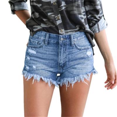 China Anti-wrinkle 2021 summer hot sale denim breathable ripped shorts fringed high elastic women's denim shorts for sale