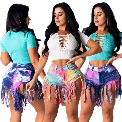 China Best Selling Solid Tassels QUICK DRY Summer Shorts Jean Shorts Women Stretchy Gringed Tie Dye Women's High Waist for sale