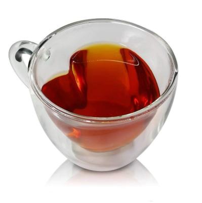 China Viable Hot Sales 7Oz Double Heart Shaped Wall Insulated Glass Mug Heat Resistant For Tea Coffee Espresso Iced Tea for sale