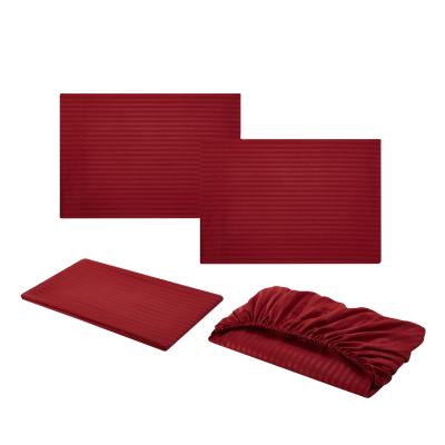 China Nondisposable 100% Polyester Embossing Red Satin Stripe Brush Microfiber Fabric 90gsm Bedding Set Bed Linen 4pcs Per Set for sale