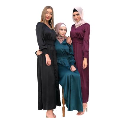 China Dark Green Islamic 100% Polyester MDF Plain Satin Abaya Dubai Dress With Hijab Long Muslim Women Dress for sale