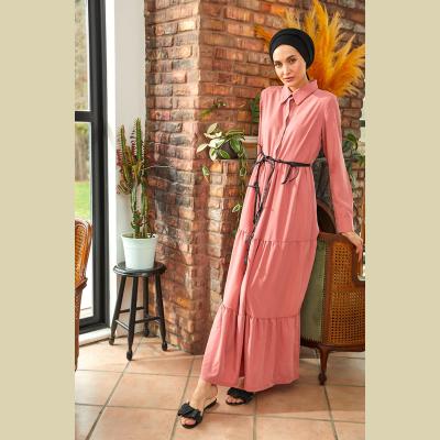 China 100% Polyester PATTERN FORCE New Style Pink Long Shirt Skirt Lapel Tie Shrink Long Sleeve Modern Popular Muslim Long Sleeve Muslim Dress for sale