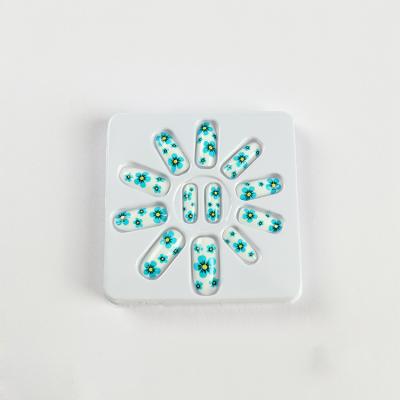 China 2020 Full Cover Nail Set ABS French False Nail Tips Small Fresh Style White Bottom Flower Pattern Blue Headed Nails for sale