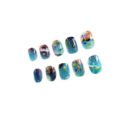 China French Press On Nails Ocean Series Cartoon Fish Blue Pattern 20pcs French Artificial Nails Sunlight Color Change Nails for sale