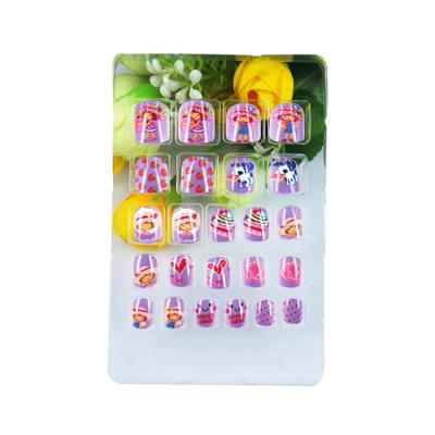 China French fashionable soft artificial false nail tips for nail cartoon little girl pattern on purple background for sale