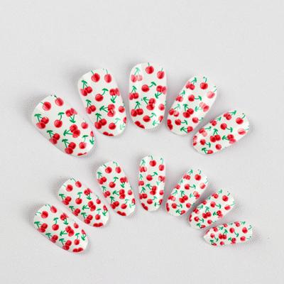 China French Nail Tips High Quality Press On Artificial Coffin Nail Tips Cherry Pattern Design On White for sale