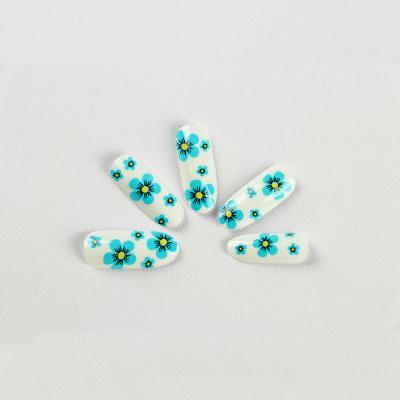 China 2020 Full Cover Nail Set ABS French False Nail Tips Small Fresh Style White Bottom Flower Pattern Blue Headed Nails for sale