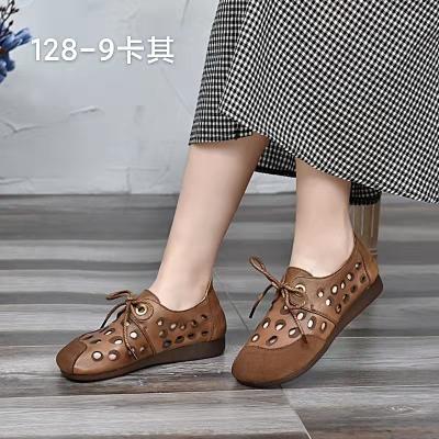 China Retro National Style New Style Cowhide Round Leathe Flat Shoes Soft Soled Women's Casual Single Shoes Older Middle-aged Retro for sale