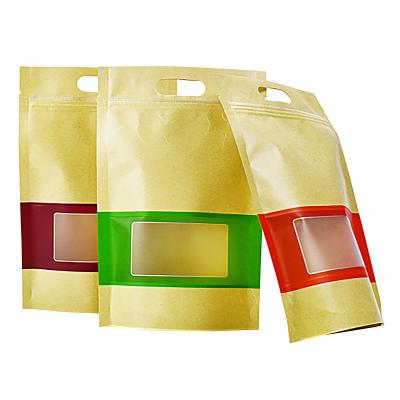 China Recycled Materials 250g 500g Flat Bottom Food Packaging Pouch Handle Stand Up Bags Transparent Zipper Bags With Window for sale