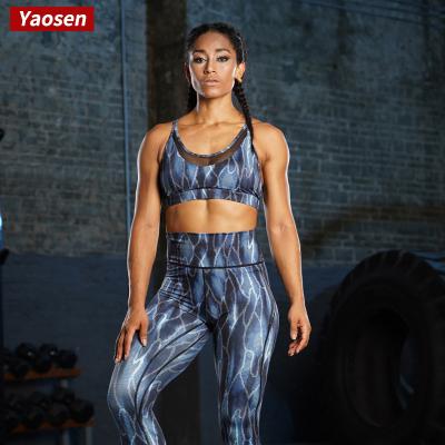 China Customized Two Piece Sublimation Logo Printing Women Breathable Yoga Set High Waist Breathable Leggings And Sexy Bra Yoga Set for sale