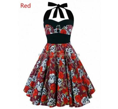 China HD-166 Breathable Clothing Dress Halter Printed Rockabilly 50s Vintage Swing Prom Pinup Dress Dress for sale