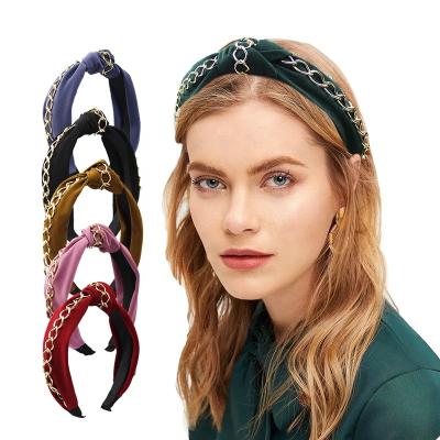 China Fashionable Fabric HCArtware Cloth Tied Headband Metal Chain Hairband For Women Summer Amazon Popular Headband for sale