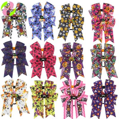 China Eco-friendly Export Quality 3.9 Inch Hair Hangers Girls Halloween Funny Printed Bowknot Hair Ring for sale