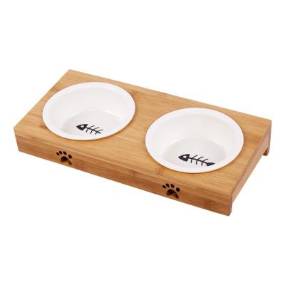 China Factory Wholesale Automatic Safety and Health Pet Cat Double Bowl Ceramic Pet Bamboo Bowl for sale