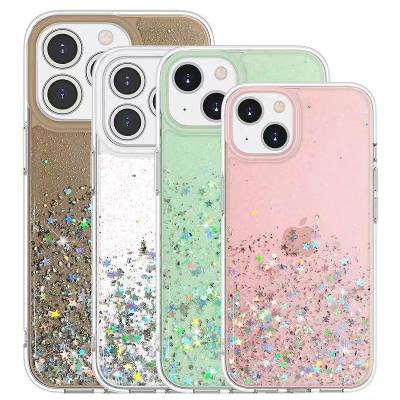 China Customized epoxy glitter transparent PC parchute Shell Shockproof Phone Case hard for iphone13 13pro tpu phone case for sale